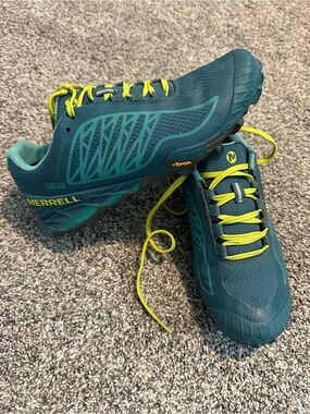 Merrell All Out Terra Ice Vibram Teal WinterTrail Running Shoes with Lime Accent